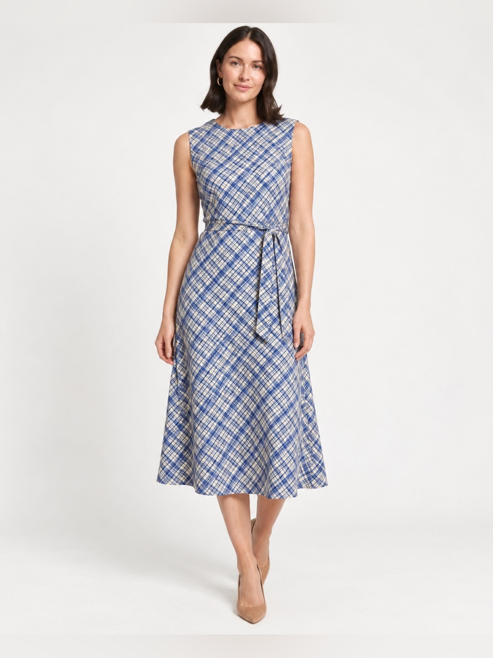 Worth New York Plaid Wool Midi Dress – Size 4 Blue Cream Sleeveless